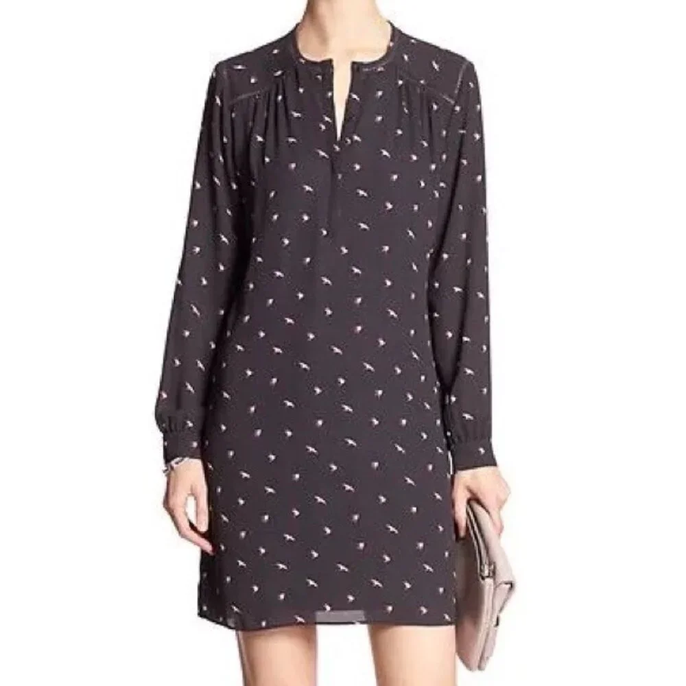 Banana‎ Republic Gray Ladder-Lace Bird Print Shift Dress Size S Chiffon Lined